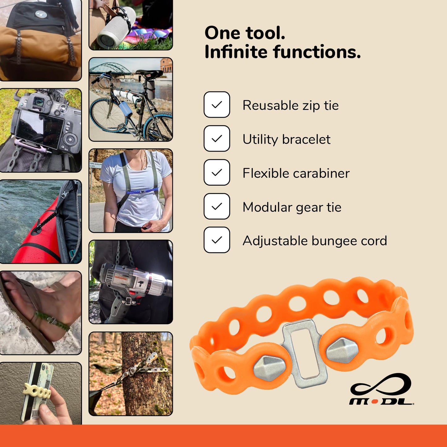 MODL Infinity Tool™ 2.0 Modular Straps (4-Pack) - Flexible Multi-Tool, Gear Strap, Wearable Gadget for Outdoor Adventure, Survival, Camping, Travel, EDC (Neon Orange)