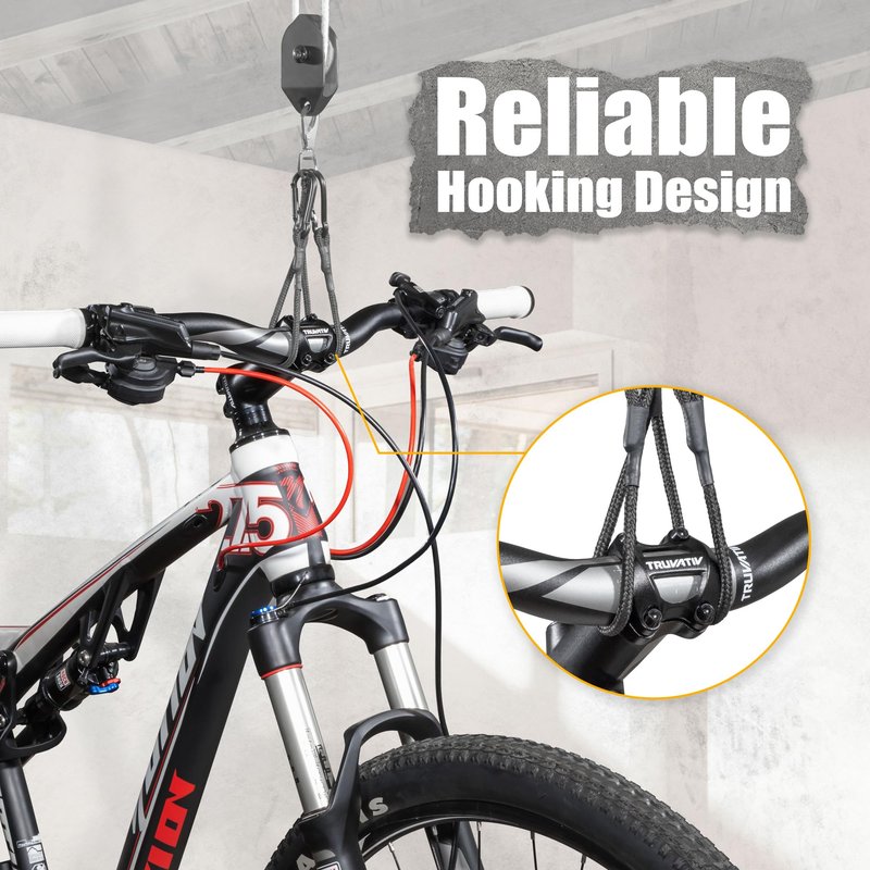 CyclingDeal Ceiling-Mounted Bike Hoist Rack - Secure Bike Storage Ceiling Bike Hangers for Garage - Safe & Easy Lifting for Garage Bicycle Hanger Bike Storage Rack - Premium Rope & Bike Hooks