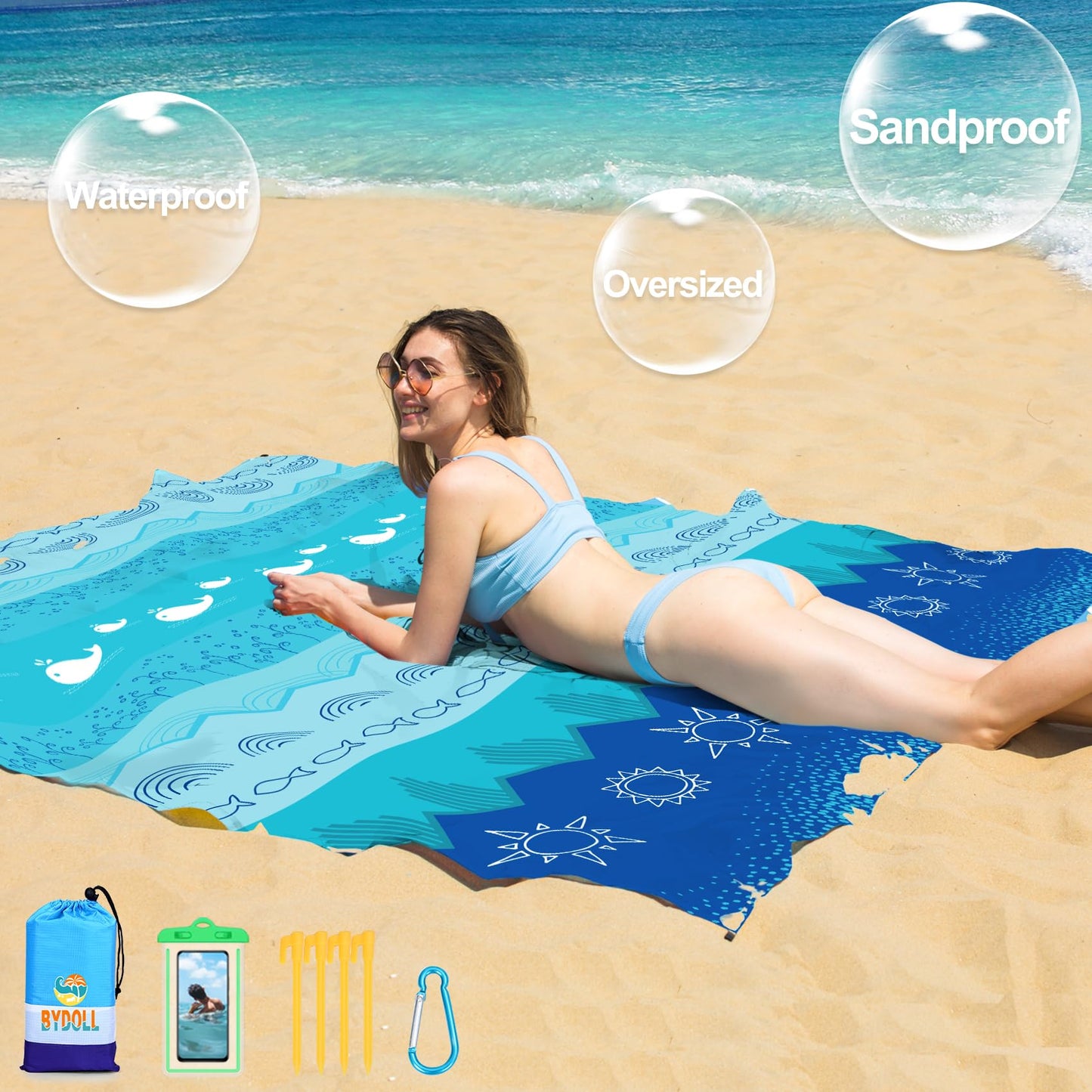 BYDOLL Beach Blanket 78''×81'' 1-5 Adults Waterproof Sandproof Oversized Lightweight Beach Blanket Large Picnic Mat Beach Blanket for Beach Travel Camping Hiking Picnic