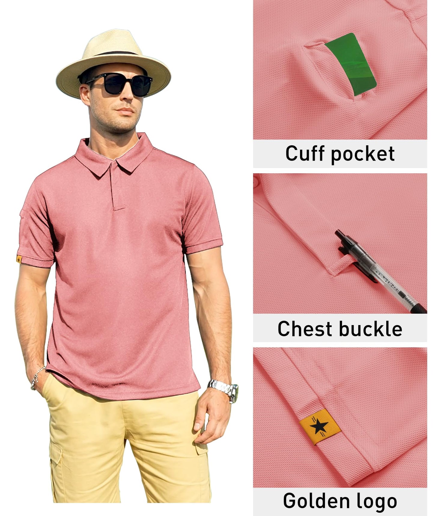 ZITY Mens Polo Shirt Short Sleeve Sports Tactical T-Shirt Athletic Golf Polos Daily Casual Stylish Collared Shirts for Men Coral Red XX-Large