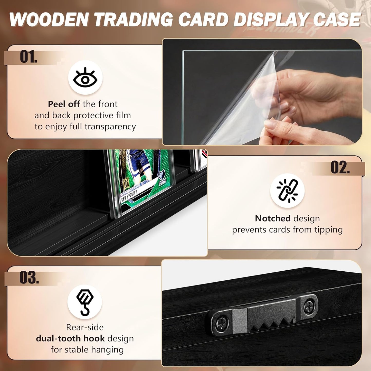 Trading Card Display Case - Wall-Mounted Wooden Frame for Sports Cards | Clear View, Black (1 Pack)