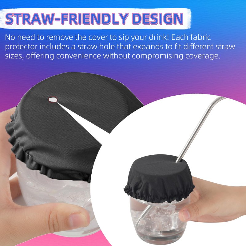 VIKOS Products 15-Pack Drink Cover Scrunchie, Reusable Elastic Cup Cover with Straw Hole for Outdoor Dining, Travel & Parties, Washable Fabric Drink Protector for Cups & Glasses - Black