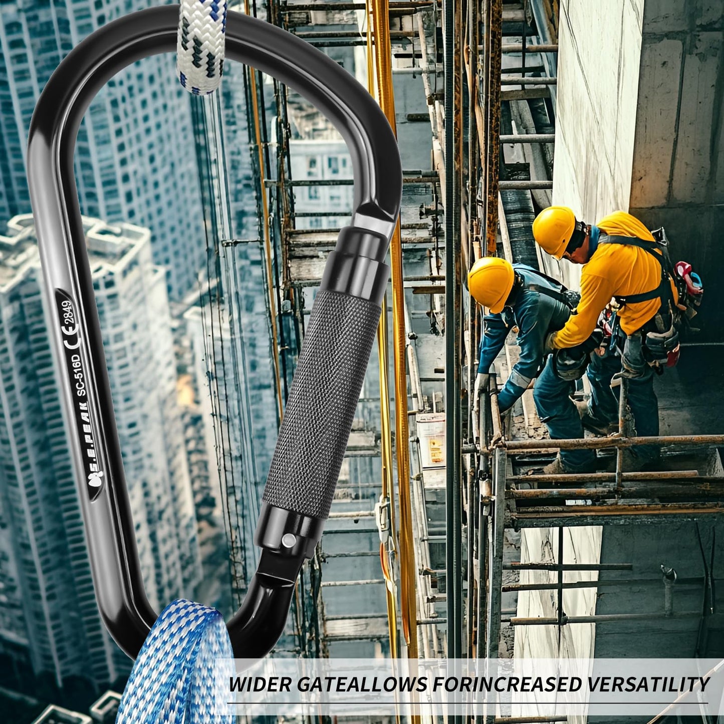 SEPEAK CE 22kN Large Alumn Auto Twist Locking Ladder Hook Carabiner, Professional Heavy Duty Lightweight Clip for Outdoor Tower Climbing, Aerial Work, Rescue, Fall Protection D Ring, Huge Opening Gate