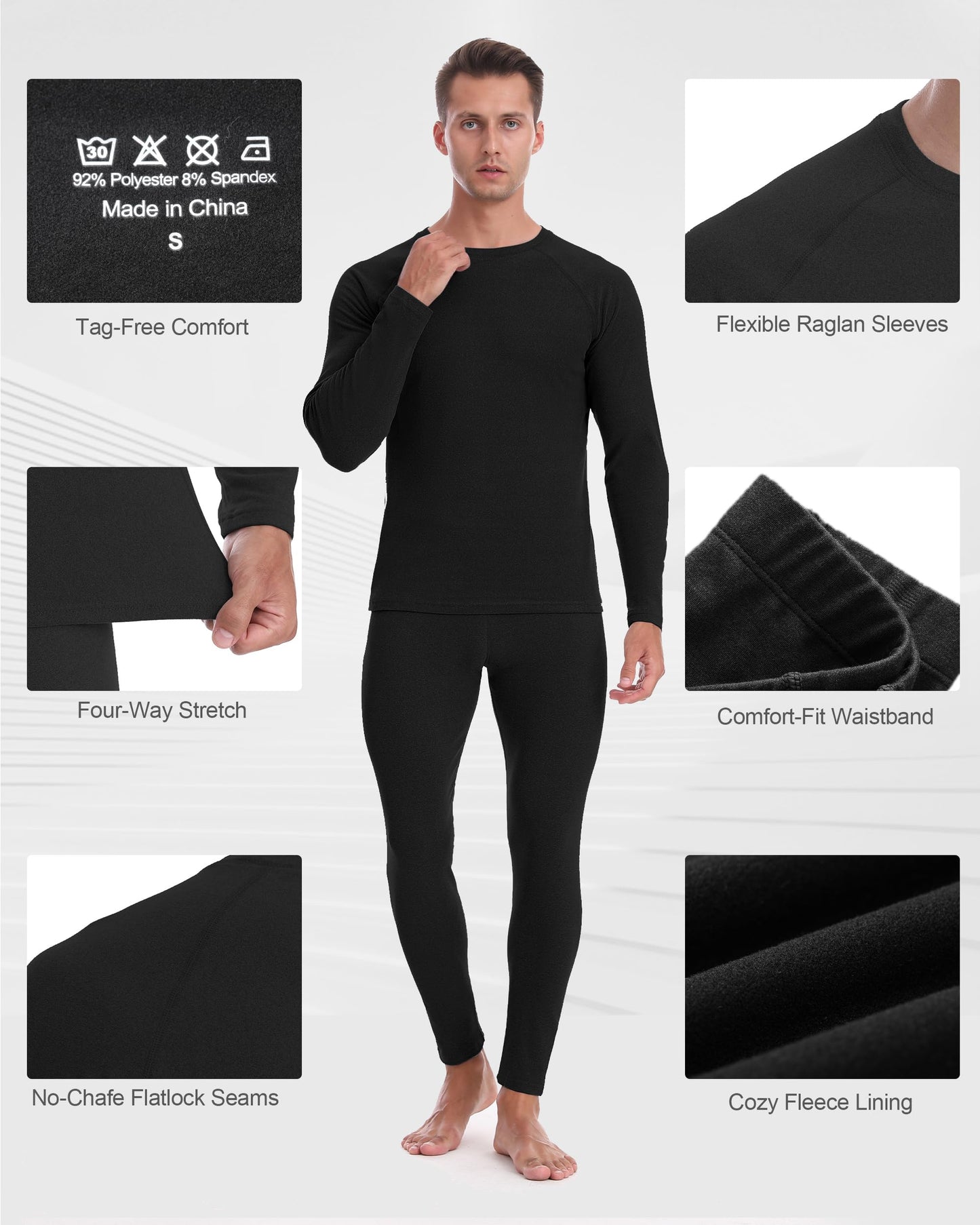 EoBeKee Mens Thermal Underwear Set: Fleece Lined Long Johns Thermals Top and Bottom Base Layer for Cold Weather Winter Ski Heather Black