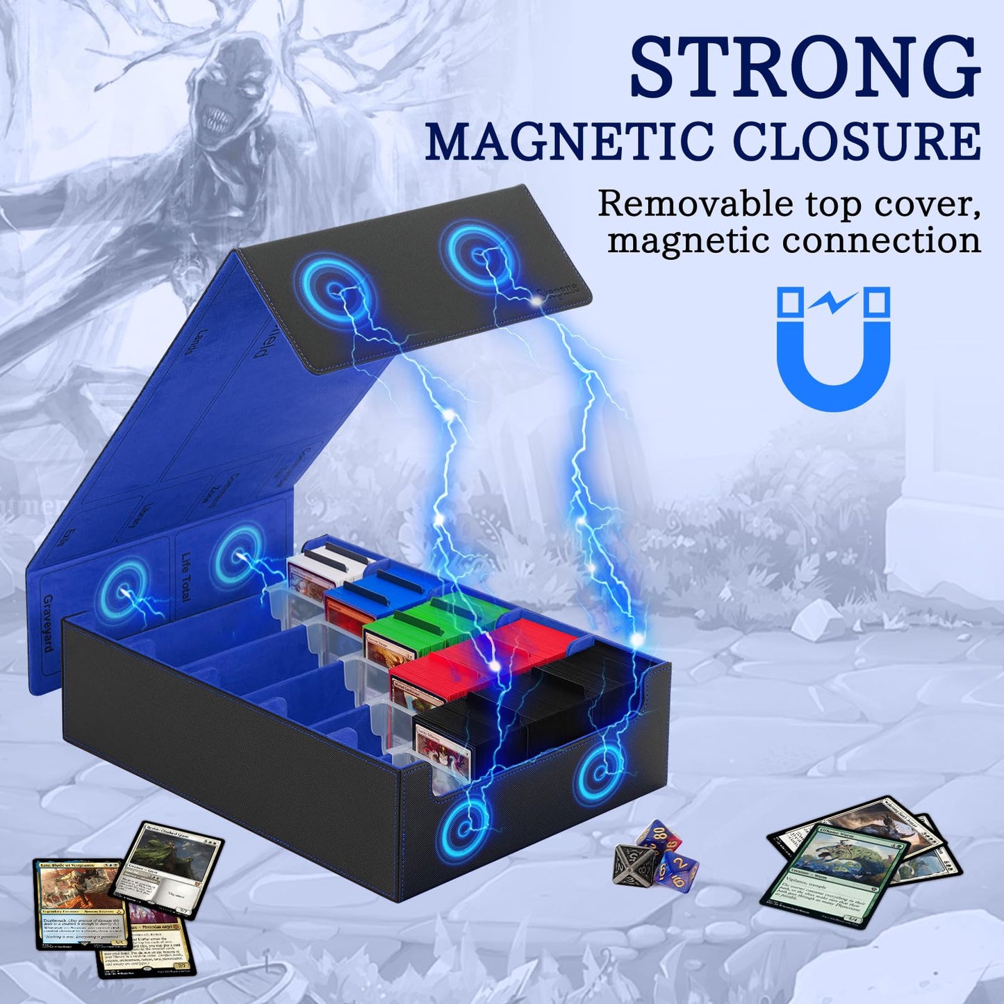 5 Row Trading Card Storage Box, 3800+Bulk Card Organizer Box with 20 Dividers & 5 Supporters, Graded Card Deck Box for YuGiOh, MTG, TCG Black/Blue