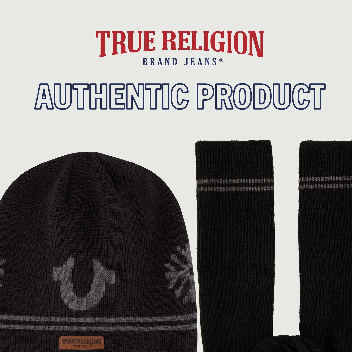 True Religion Beanie Hat and Scarf Set, Ribbed Long Winter Knit Cap and Scarf with End Stripes, Black, One Size