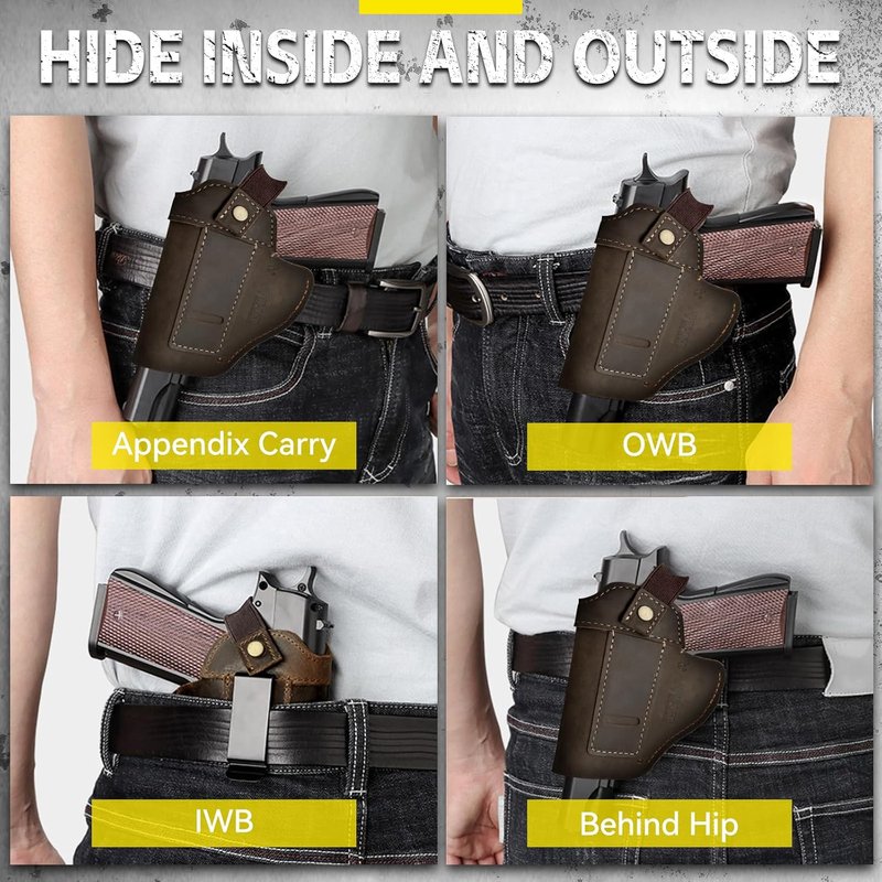 Universal Leather Gun Holster - IWB/OWB Concealed Carry for Glock, Taurus, Sig, M&P | Fits Most Pistols