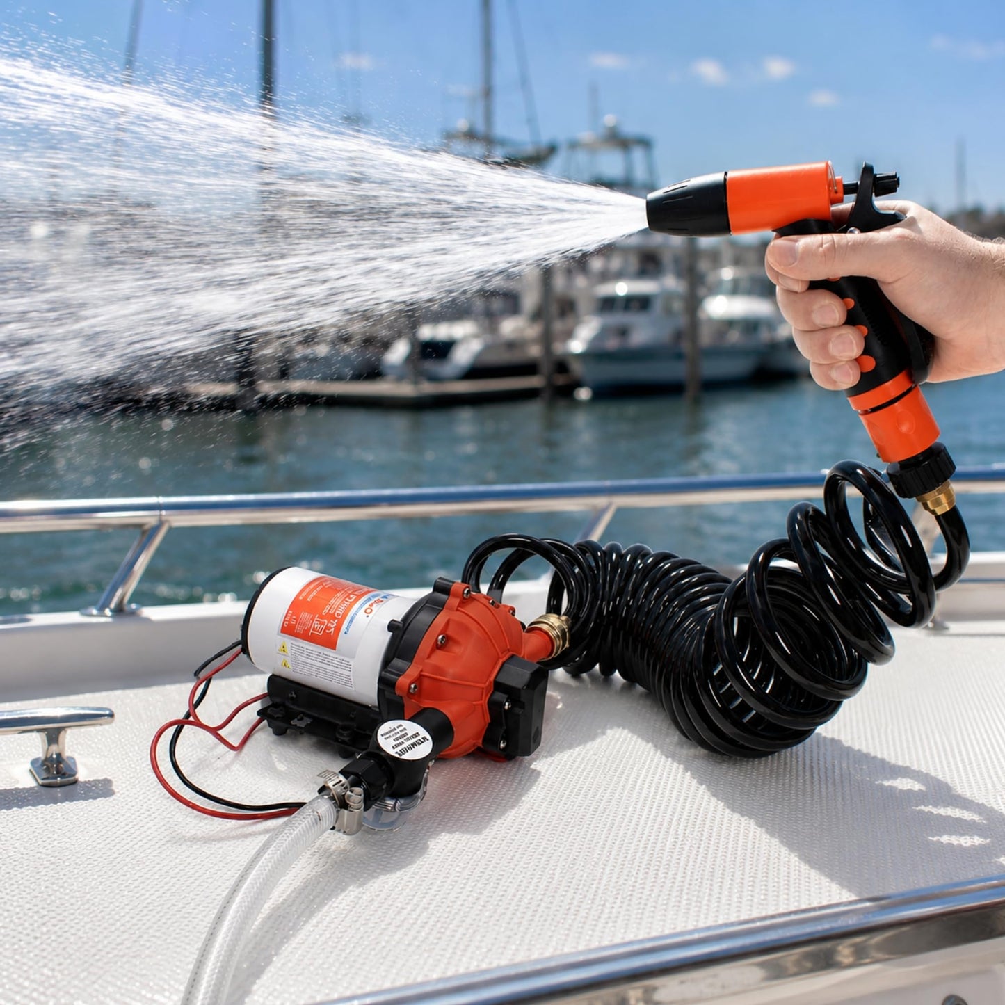 SEAFLO 55-Series Washdown Pump Kit - 12V DC, 5.5 GPM, 70 PSI, Self-Priming, Coiled Hose, Spray Nozzle, High Flow for RV, Boat, Off-Grid, Freshwater, and Saltwater Applications 4-Year Warranty