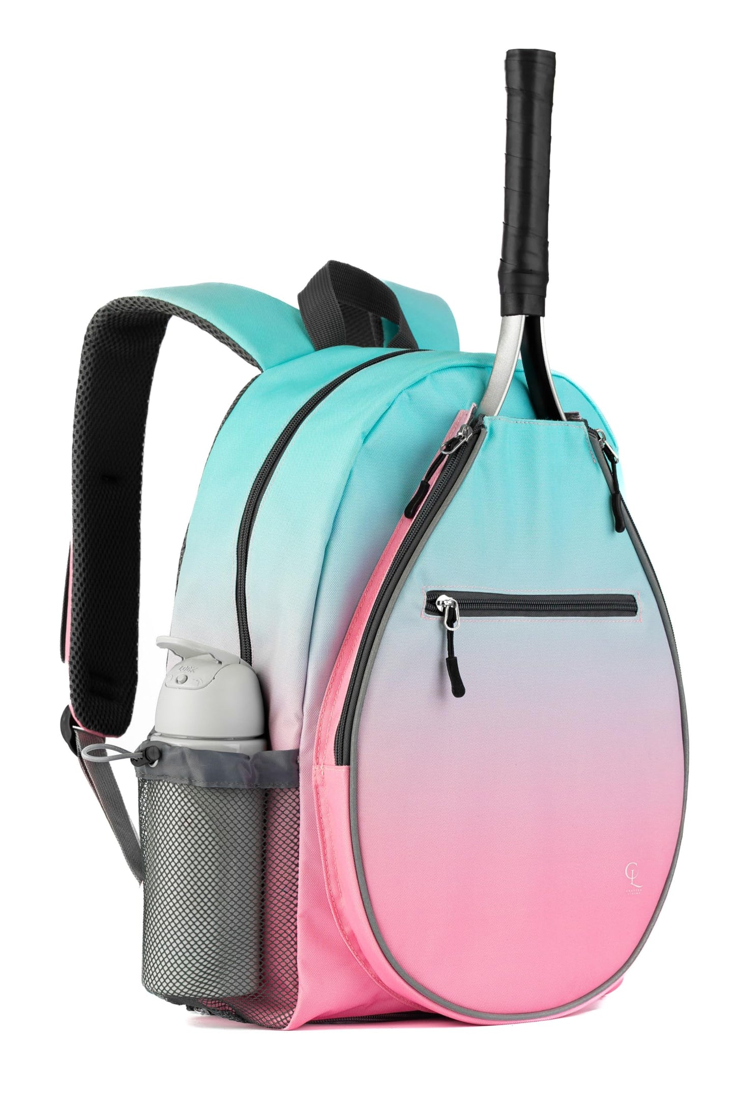 Crafted Living Kids Tennis Backpack, Boys and Girls Junior Bag, For Junior Tennis Rackets, Multiple Pockets with Shoe Compartment, Mesh Padded Straps (Pink Aqua)