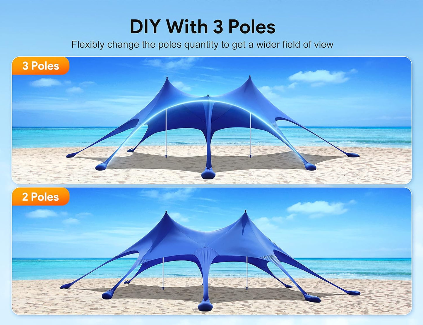 Beach Tent - 20 x 13ft Camping Sun Shelter with UPF50+ Protection | Includes 8 Sandbags, Shovels, Pegs & Stability Poles - Blue