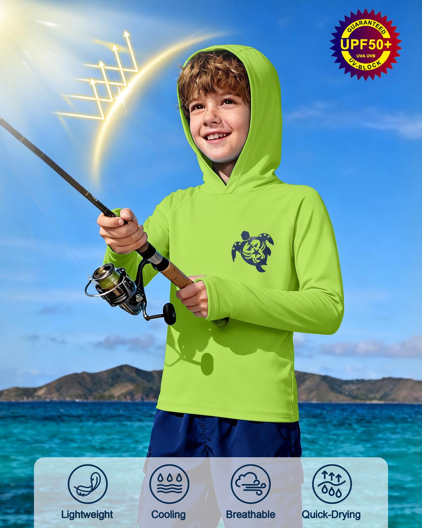 DRONIRING Boys Rash Guard Swim Hoodie, UPF 50+ UV Sun Protection Long Sleeve Fishing Shirt, Kids Youth SPF Water Shirts
