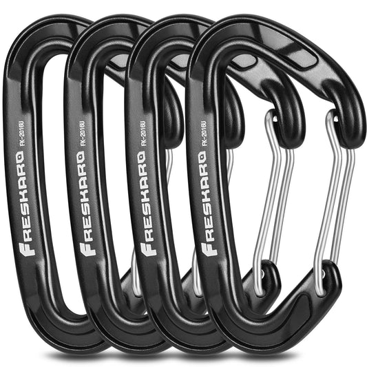 FresKaro 15kN Heavy Duty Wiregate Carabiners - for Camping Hiking or Hammocks - Aluminium Caribeaners for Backpacking and Dog Leash - Pack of 4, Black, Medium Size