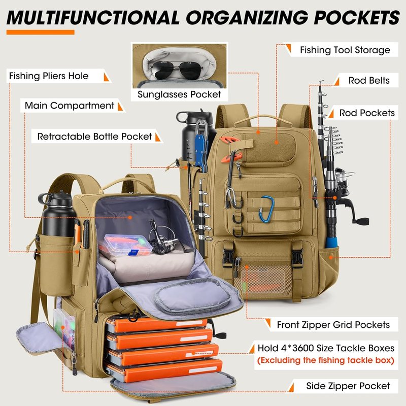 Fishing Backpack with Rod Holders & Cooler - 40L Water Resistant Tackle Bag with Rain Cover