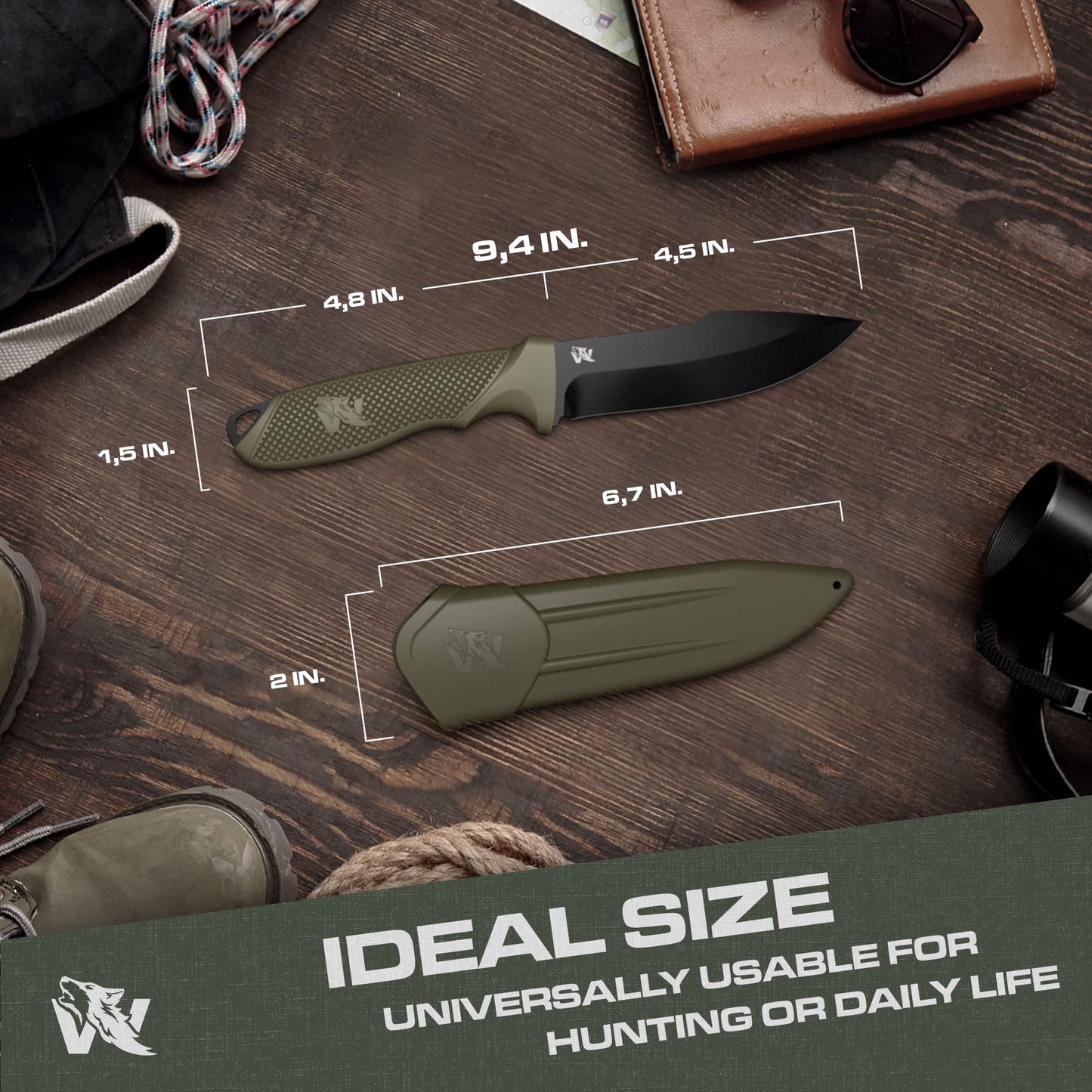 ODENWOLF WOLF-II Full Tang Survival Knife with Sheath and Multi Lok - Strong Tactical Fixed Blade Knife - Made of D2 Steel - Bushcraft and Camping Knife - EDC Outdoor Knife with TPE Handle