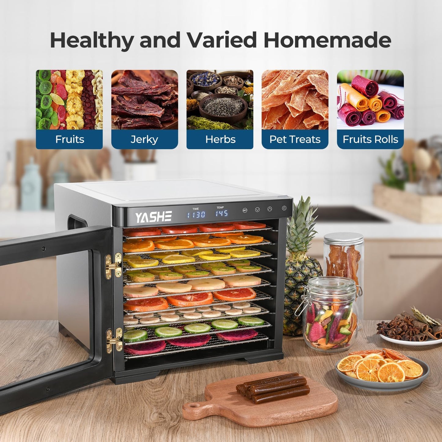 YASHE Food Dehydrator Machine, 9 Stainless Steel Food Dryer, 1000W Dehydrators for Food and Jerky, Herbs, Meat, Fruit, Dog Treats, 48H Timer and Temperature Control (95-165℉), Recipes Book Included