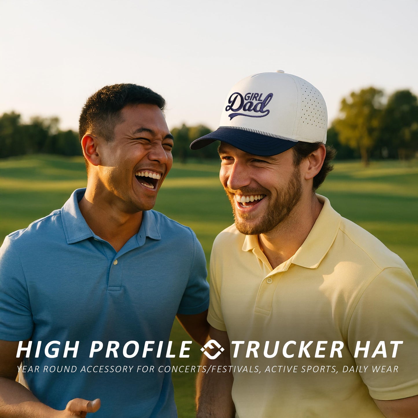 Funky Junque Golf Hat for Men - Performance Waterproof 5 Panel Rope Trucker Snapback, Breathable Workout Cap - Girl Dad - Navy/Beige