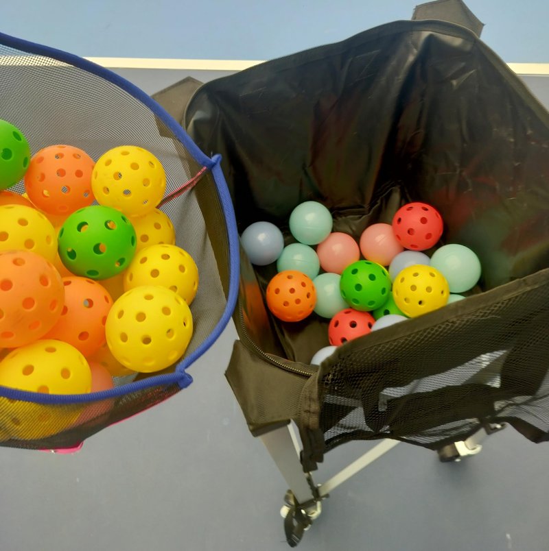 Portable tennis hopper for collecting products can hold 180 balls. The foldable tennis basket, pickleball basket, wheeled teaching vehicle, and the lightweight tennis ball carrier with wheels