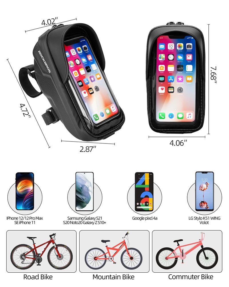 ROCKBROS Bike Phone Mount Bag Bike Front Frame Handlebar Bag Waterproof Bike Phone Holder Case Bicycle Accessories Pouch Sensitive Touch Screen Compatible with iPhone Below 6.5"