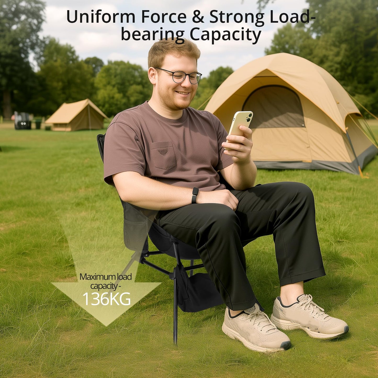 Anbte Extra Height & Width Portable Camping Chair, 400LBS Capacity Compact Folding Chair with Square Frame Quick Setup Storage Bags on Both Sides, Ideal for Camping Hiking Beach Picnic Outdoor, Black