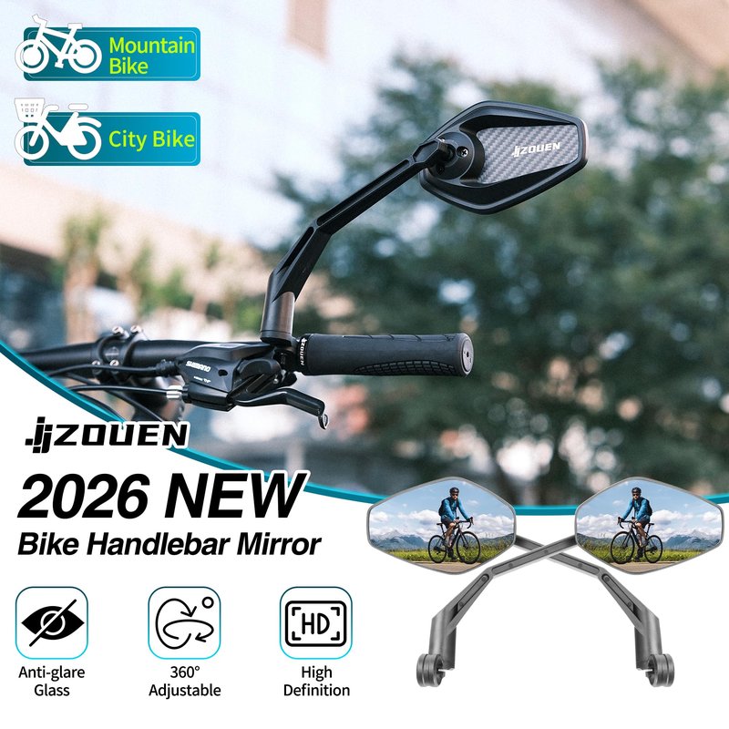 JJZOUEN Handlebar Bike Mirror, Bicycle Rear View Mirrors, Scratch Resistant Convex HD Glass, Carbon Fiber Housing, Safe Bike Rearview Mirror for MTB, E-bike, Road Bike Accessories, Fit 20-23mm