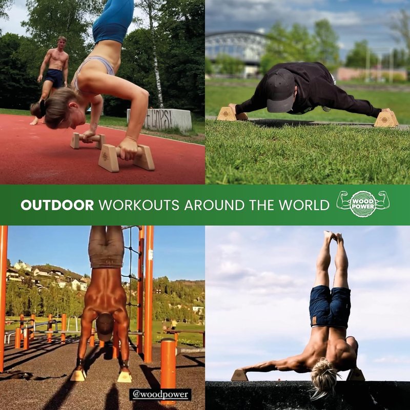 WOODPOWER® - PowerBars, Wooden Parallettes Push Up Bars, Joint-Friendly Beech Wood Calisthenics Equipment for Home, Durable Handstand Trainer Push Up Handles for Floors (Brown)