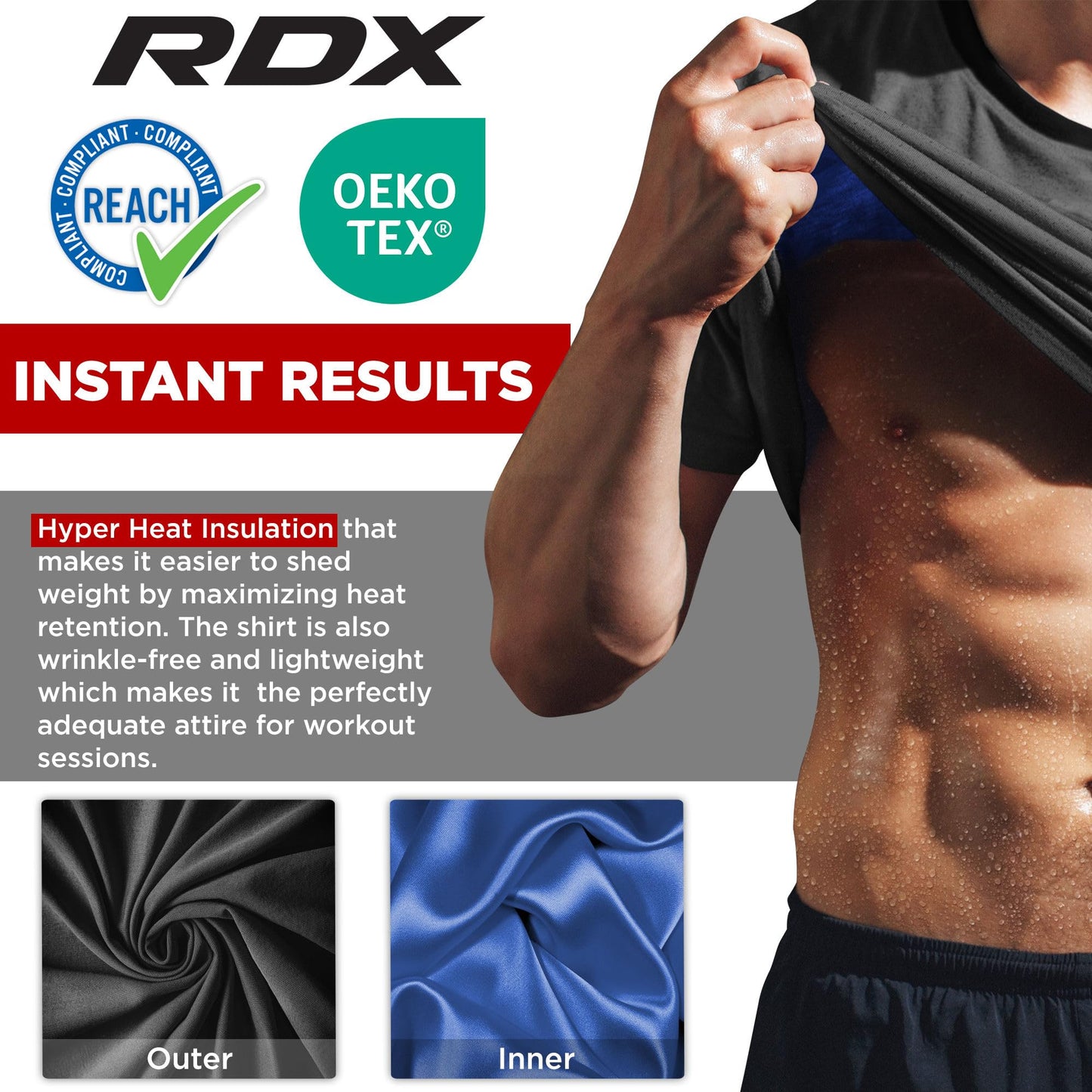 RDX Men's Sauna Shirt Heat Trapping Sweat Suit - REACH OEKO TEX 100 Certified T-Shirt - Gym Workout Fitness Tank Top Trimmer