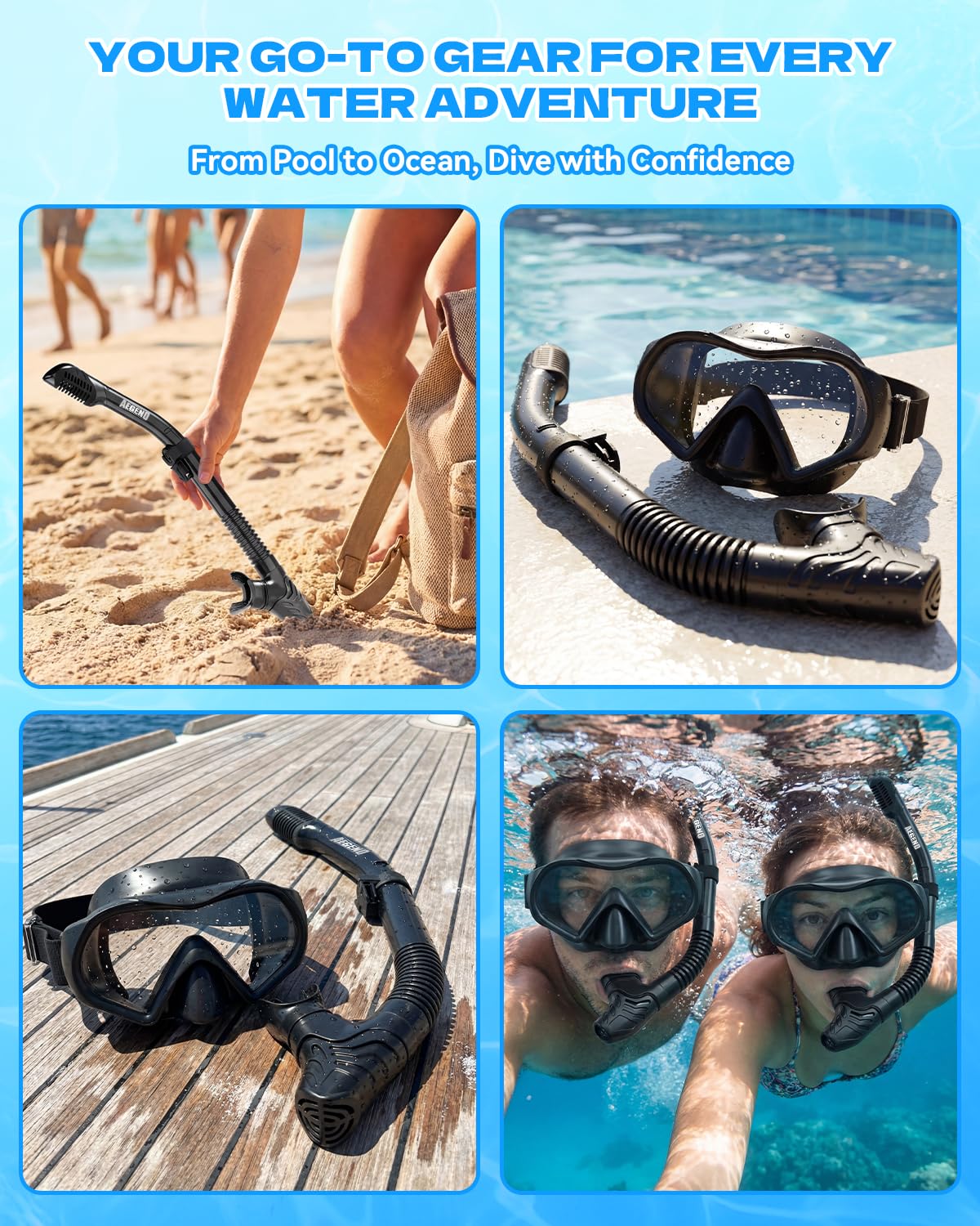 Aegend Diving Dry Snorkel for Adult & Youth - Foldable Snorkeling Gear with Top Dry Valve, Perfect for Snorkeling, Freediving, Swimming and Scuba Diving (Cyan & Rose Red)
