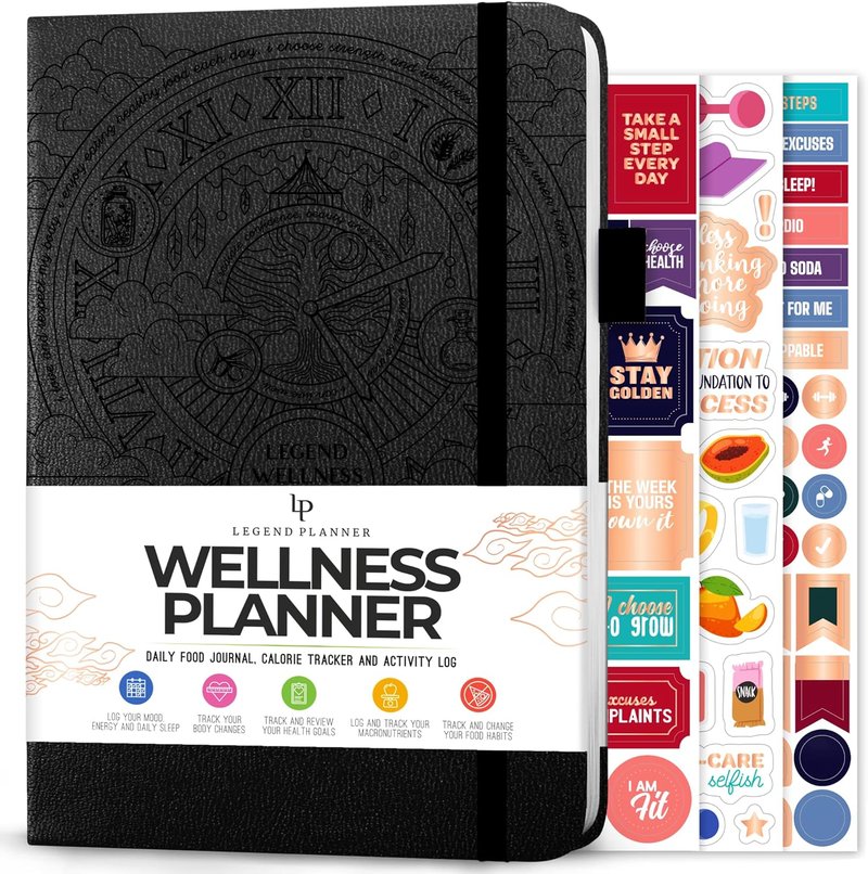 Wellness Planner & Food Journal - Daily Diet & Health Tracker with Weight Loss & Exercise Logs | A5 Size - Black