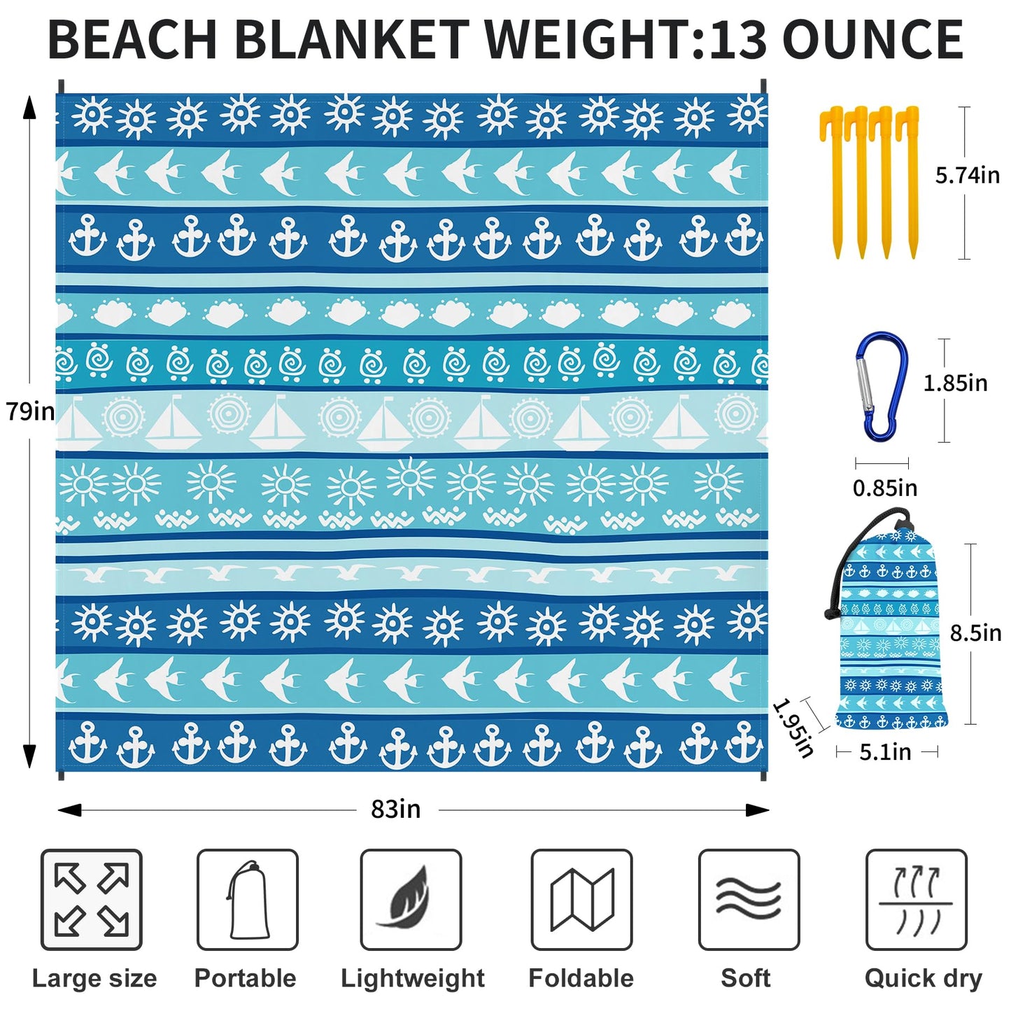 WTVIDAS Large Beach Blanket Waterproof Sandproof 79"x 83" for 1-4 Adults,Quick Drying Beach Mat,Lightweight & Durable,Beach Essentials for Family Beach Camping Travel Picnic (Blue Stripe)