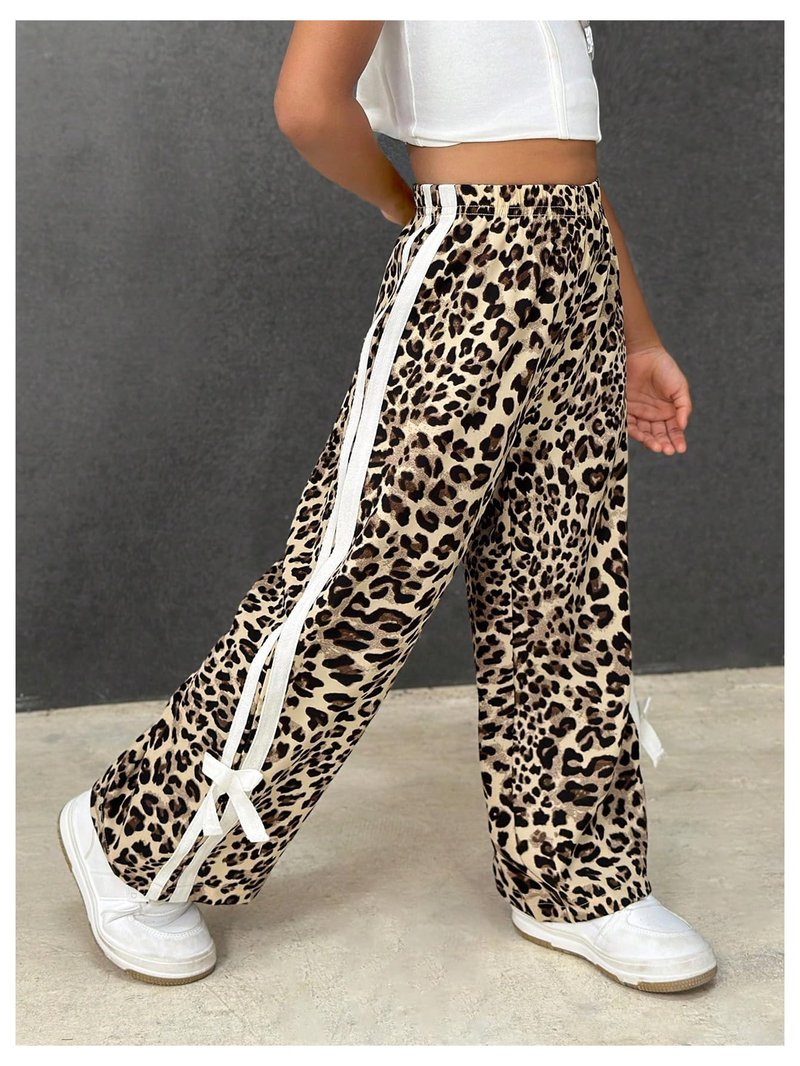 GORGLITTER Girl's Leopard Cheetah Print Pants Baggy Animal Wide Leg Sweatpants Y2K Bow High Waist Loose Joggers Bottoms Brown 7 Years