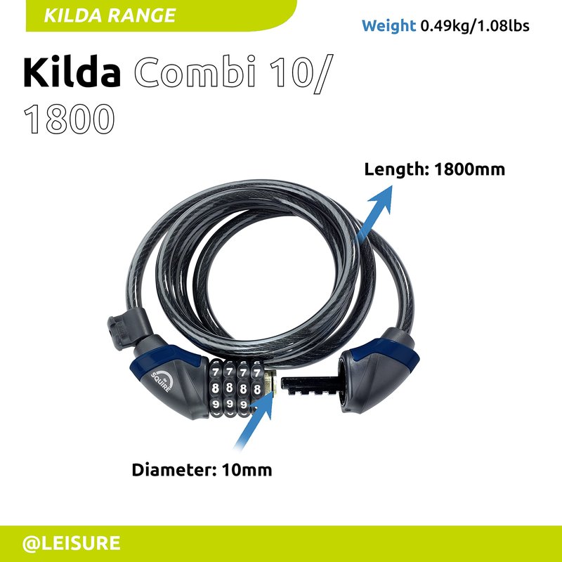 Squire Locks Heavy Duty Bikelock (Kilda Combi) - 4 Wheel Combination Cable Lock - Weatherproof Armoured Steel Combination Bike Lock - Flexible, Tamper Proof Combination Lock All Purpose Use (1800 mm)