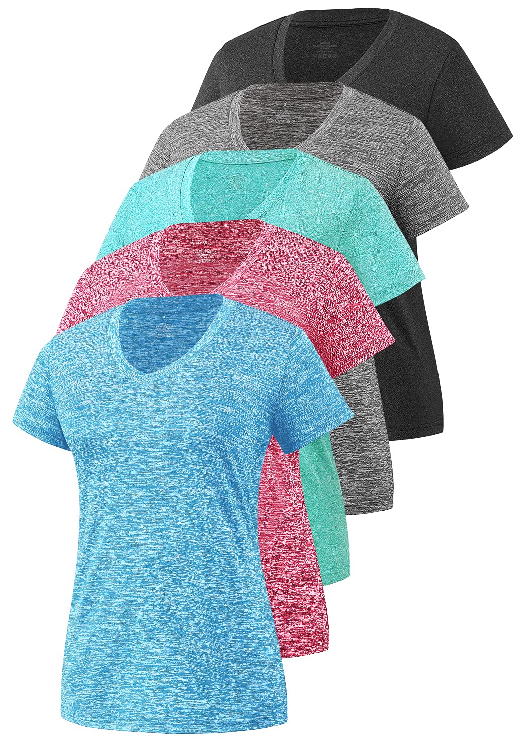 Cosy Pyro Women's Short Sleeve V-Neck Athletic T-Shirt Exercise Yoga Tees Dry Fit Gym Shirts Moisture Wicking Workout Tops Pack of 5 Black/Gray/Azure/Rose/Blue L