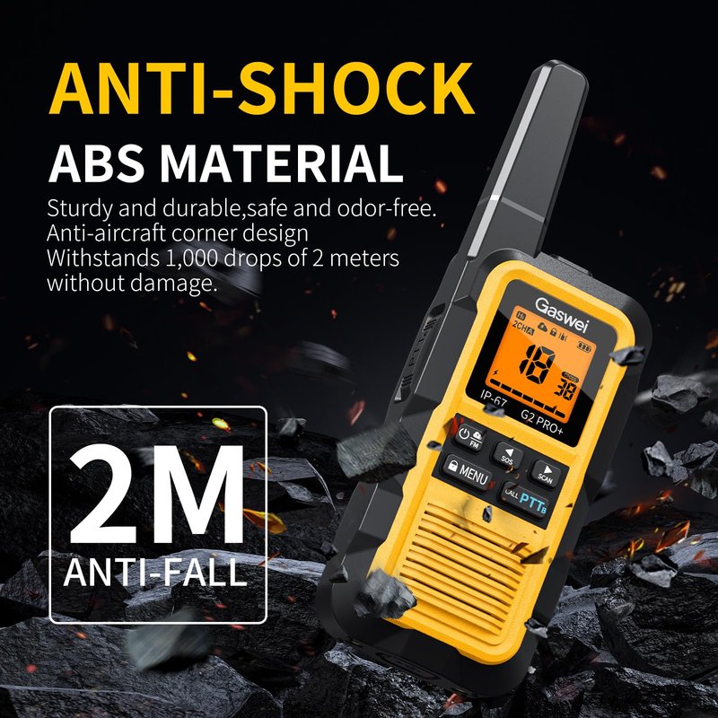 Gaswei G2pro+ IP67 Waterproof Floating Heavy Duty Walkie Talkies Long Range for Adults FRS Double PTT，FM radio,SOS,NOAA weather Rechargeable Two Way Radios 2 watts,VOX,Li-ion Battery (2 Pack - Yellow)