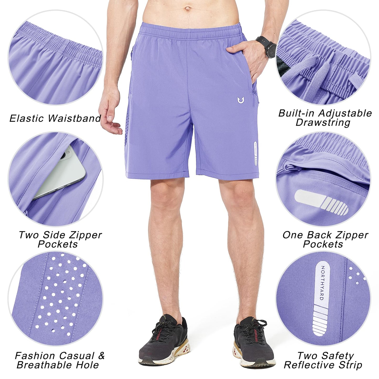 NORTHYARD Men's Athletic Running Shorts Gym Workout 7"/9"/5" Quick Dry Lightweight Sports Basketball Tennis 3 Zipper Pockets Violet 2XL