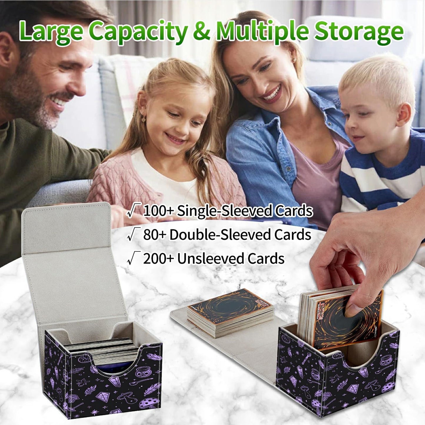 RWUTYTIUL Card Deck Box for MTG Cards, Card Storage Box Fits 100+ Sleeved Cards, PU Leather Large Size Strong Magnet Card Deck Case Holder for Board Game Magic MTG TCG CCG, Purple Mushroom