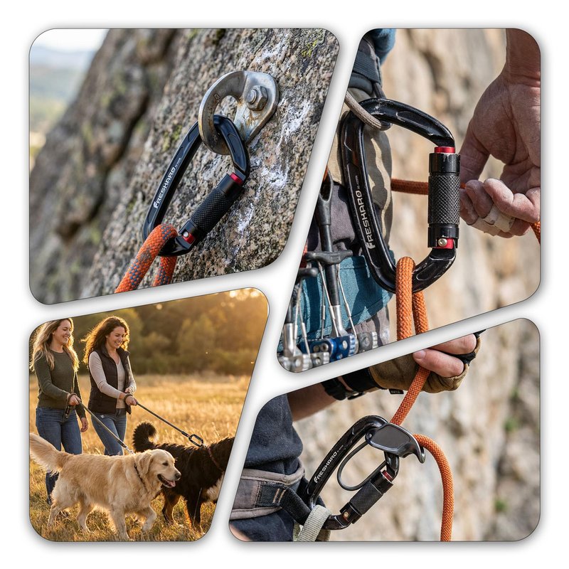FresKaro Climbing Carabiner Clip, Heavy Duty, Auto Locking, Twist Lock Carbineers for Firefighter, Rock Climbing, Rappelling, Hunting, Gym, UIAA CE Certified 25kN Karabiners, 4 Inch, Black, 4 Pack