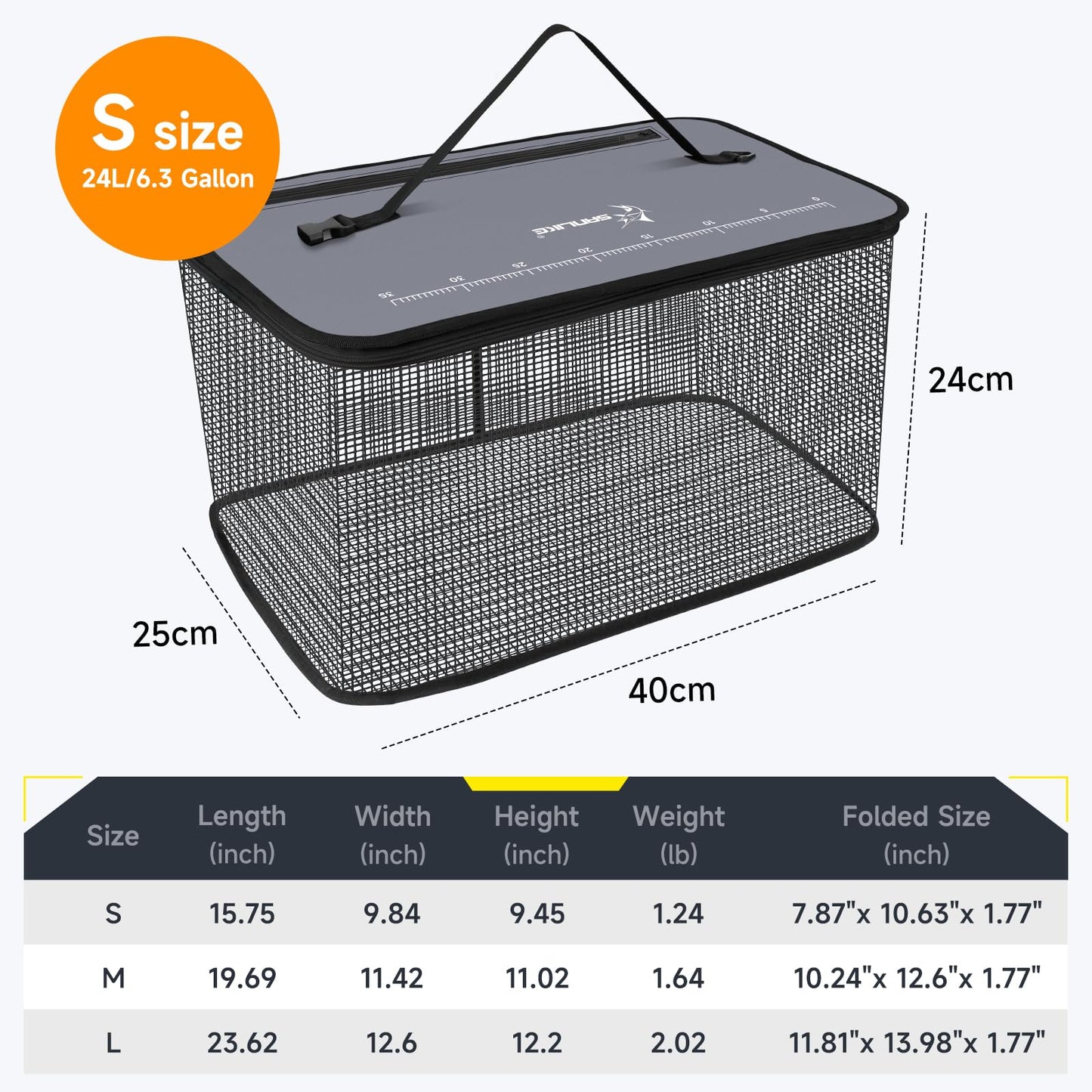 SANLIKE Floating Fishing Basket Collapsible Fishing Net Cage, Rubber Coated Net 24L Fish Basket for Live Caught Fish Minnows Bait Bucket Minnow Trap, Grey