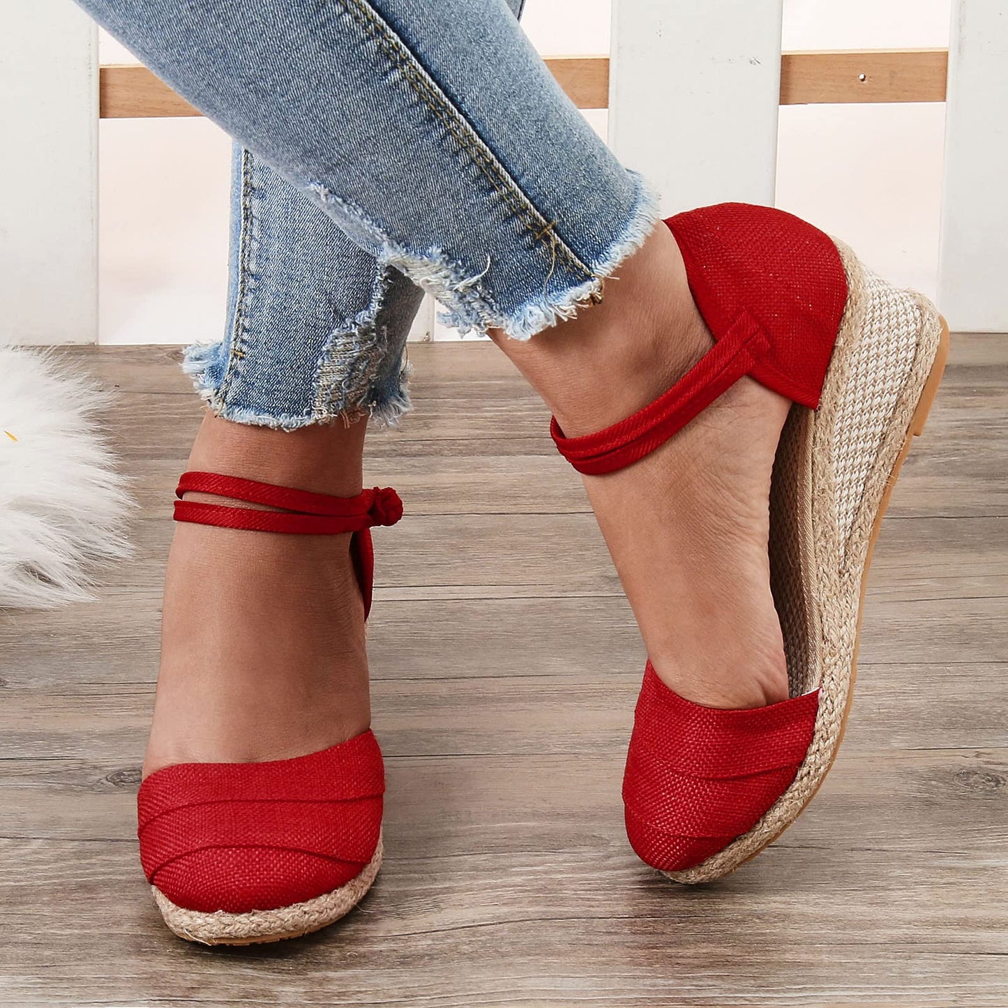 Shengsospp Women's Classic Espadrille Wedge Sandal Buckle Ankle Strap Espadrilles Wedge Casual Sandal Fashion Braided Breathable 01_Red, 7.5