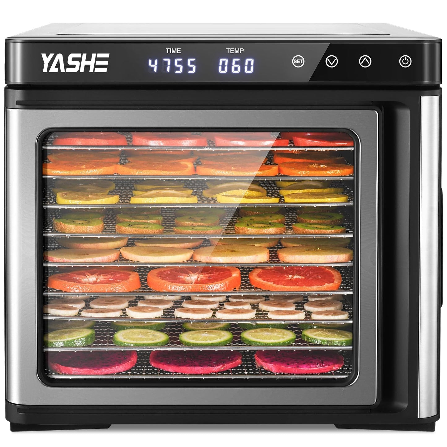 YASHE Food Dehydrator Machine, 9 Stainless Steel Food Dryer, 1000W Dehydrators for Food and Jerky, Herbs, Meat, Fruit, Dog Treats, 48H Timer and Temperature Control (95-165℉), Recipes Book Included