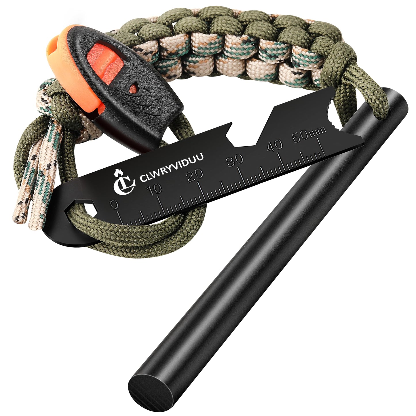 Clwryviduu Survival Fire Starter, 4 Inch Ferro Rod, Flint Fire Starters for Hiking and Camping, Flint and Steel Survival Tool with Paracord and Emerge