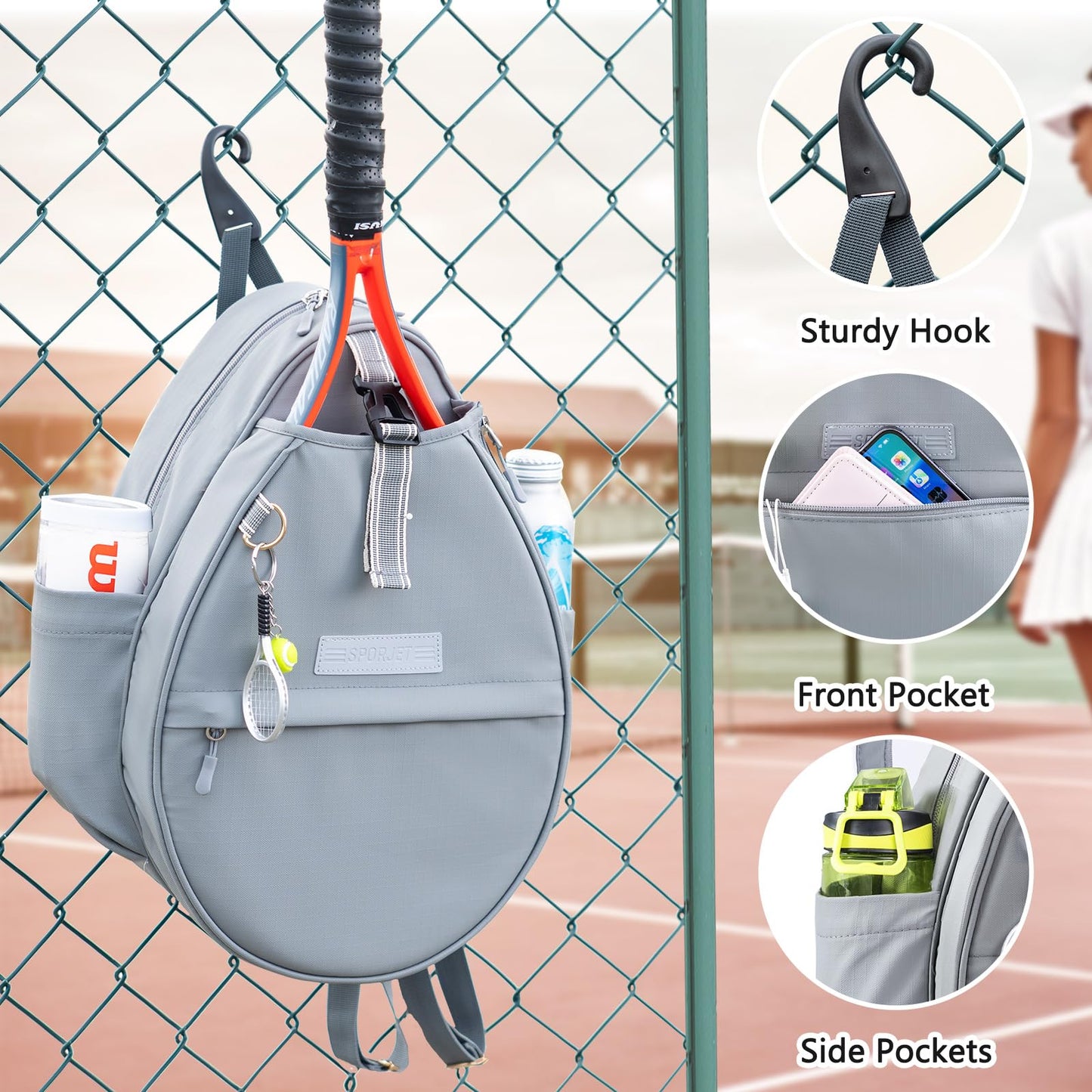 SPORJET Tennis Backpack with 2 Rackets Holder, Water-Resistant PU Leather Tennis Racket Bag for Women & Men, Sling Crossbody Sports Backpack for Tennis, Pickleball & Badminton, Tennis Gifts