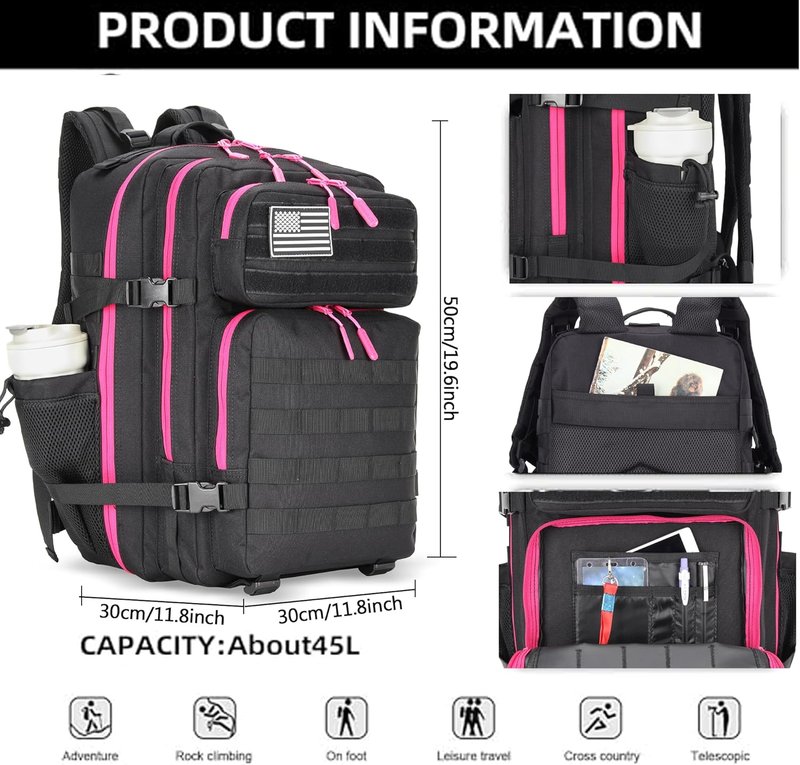 Tactical Assault Backpack - 45L Molle Waterproof Rucksack for 3-Day Adventures | Black Rose