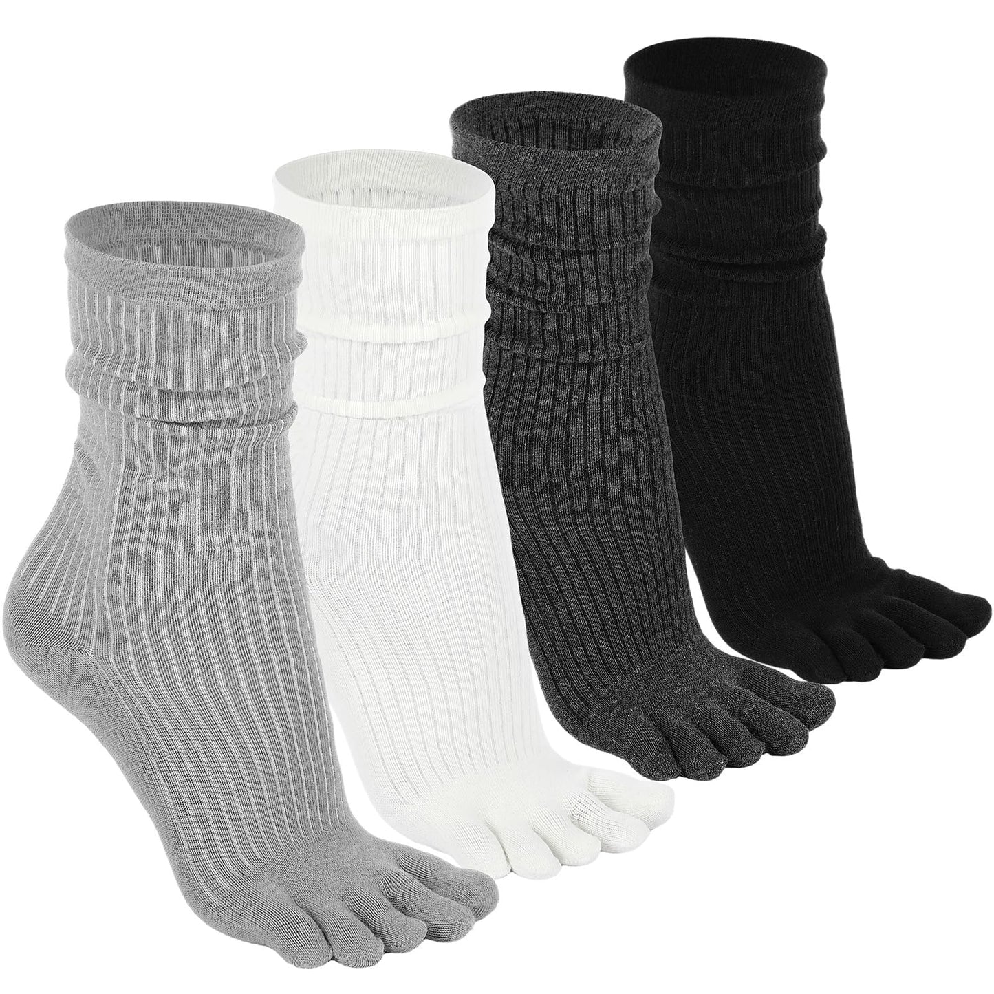 Janmercy 4 Pairs Five Toe Sock Women, Finger Cotton Crew Split Stretchy Slouch Sock, Toe Separator, Knee High Stacked Socks (Black,White,Gray,Dark Gray)