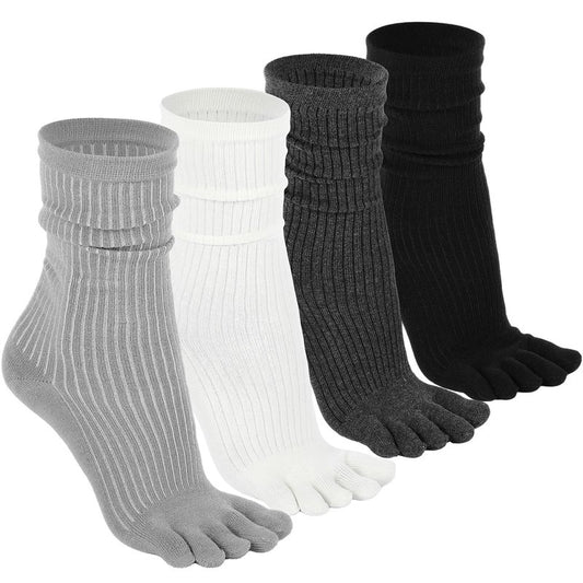 Janmercy 4 Pairs Five Toe Sock Women, Finger Cotton Crew Split Stretchy Slouch Sock, Toe Separator, Knee High Stacked Socks (Black,White,Gray,Dark Gray)