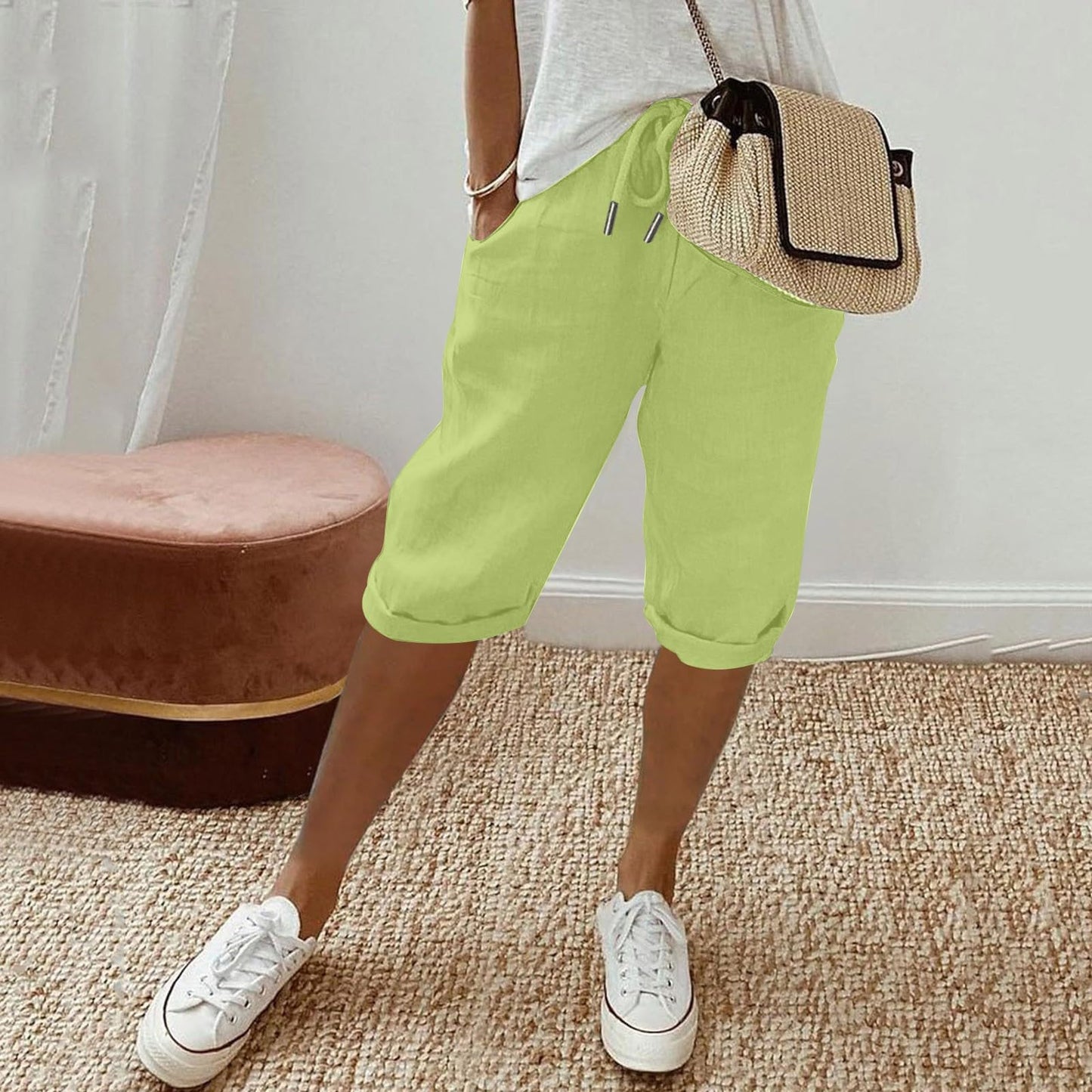 Bermuda Shorts for Women Women Linen Shorts Summer Knee Length Shorts High Waisted Bermuda Shorts Beach Capris Sweat Lounge Shorts with Pocket Today 2024