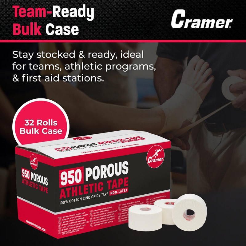 Cramer 950 Premium White Porous Athletic Tape, 1.5” x 15 Yards, Strong Adhesive Sports Tape, Easy Tear, Breathable Cotton, Latex-Free, Bulk Case of 32 Rolls for Ankle, Wrist & Injury Taping