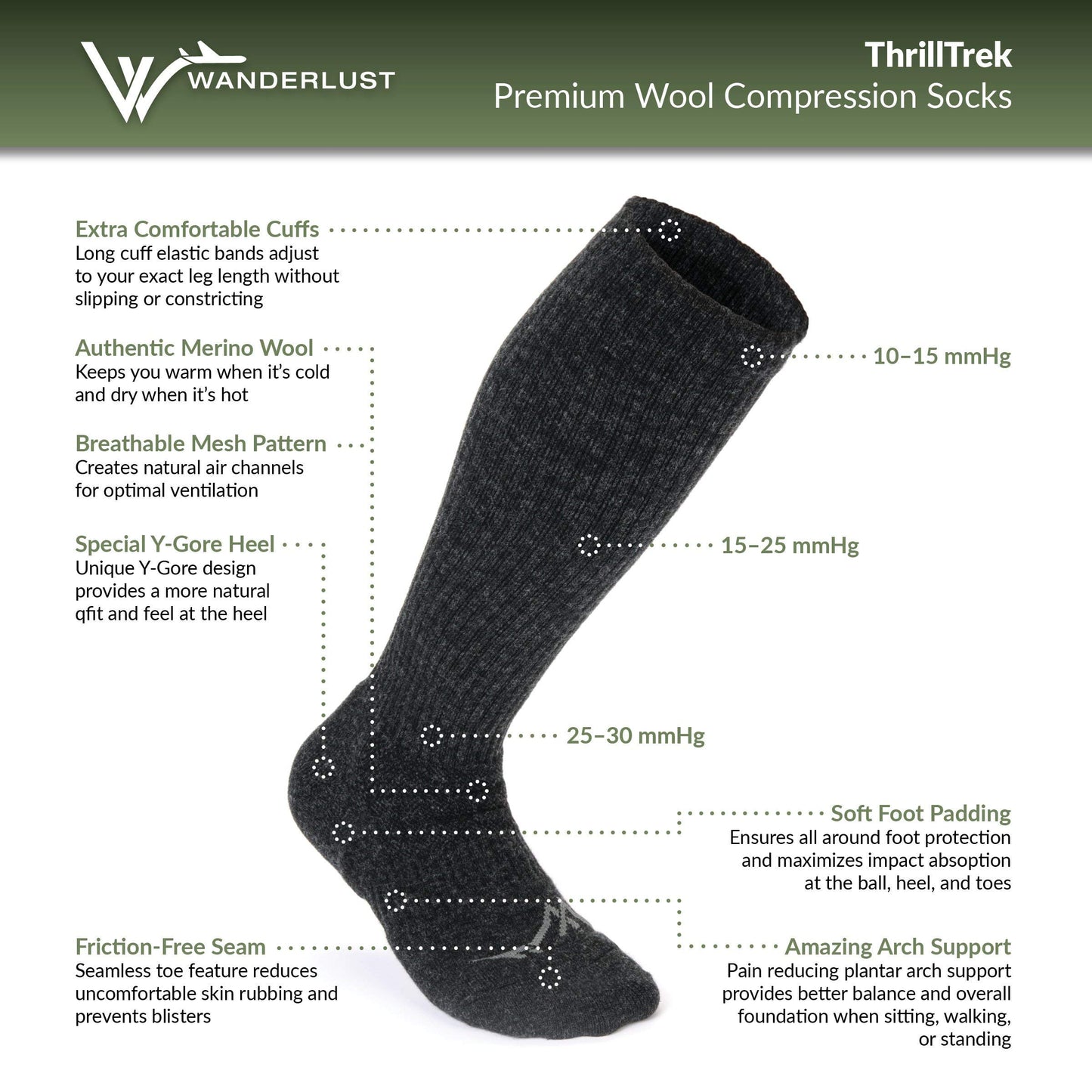 Wanderlust Knee-High Merino Wool Compression Socks Charcoal, Large (Shoe Sizes 8-12)