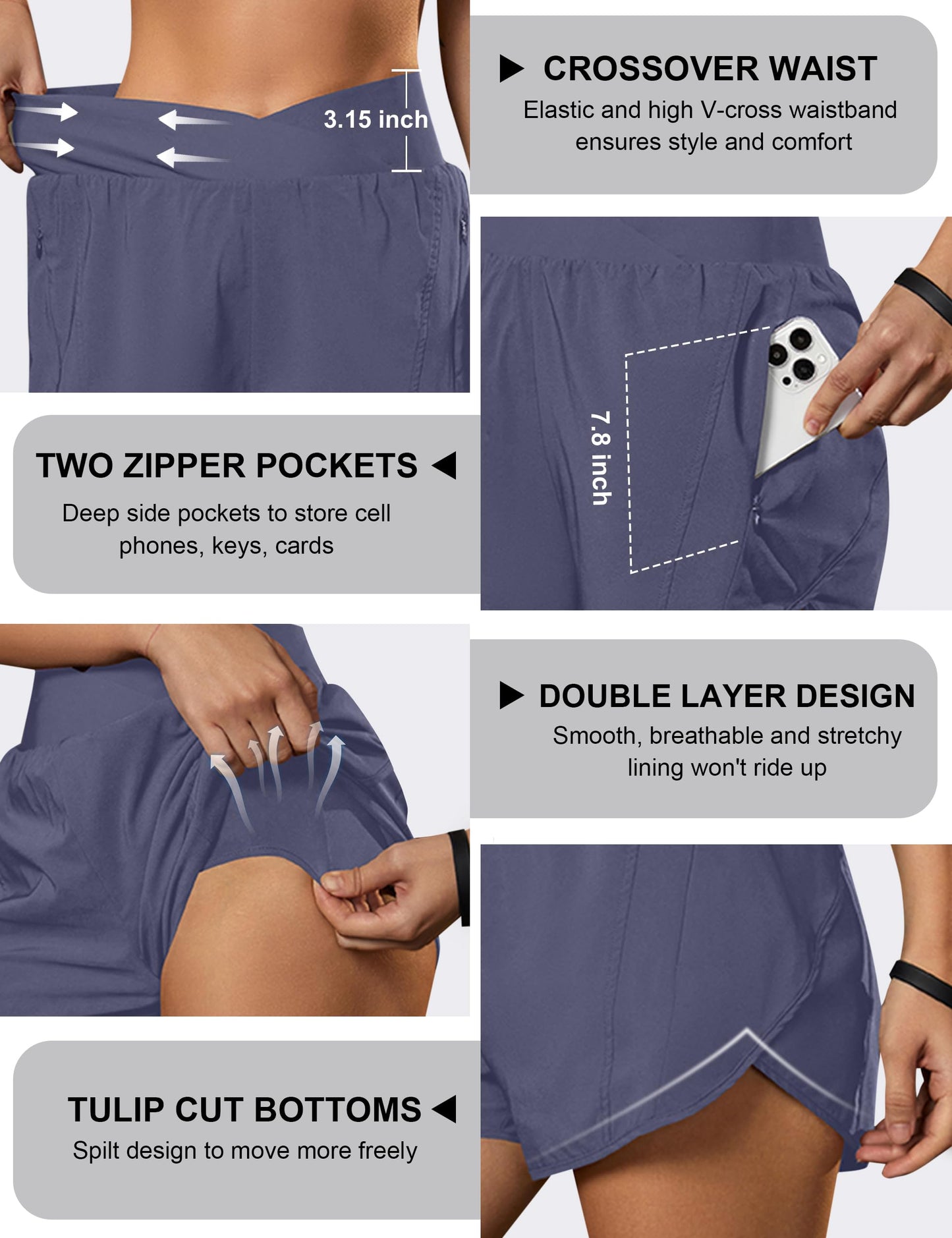Blooming Jelly Women's Workout Shorts Athletic Running Cross V Cut Waist Work Out Preppy Shorts with Zipper Pockets (Bluish Grey,X-Large)