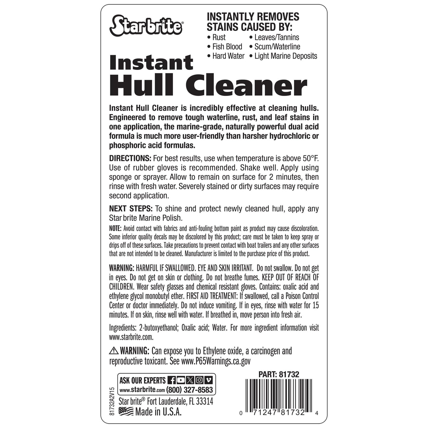 STAR BRITE Instant Hull Cleaner - Easily Remove Stains, Scum Lines & Grime for Boat Hulls, Fiberglass, Plastic & Painted Surfaces - Wipe On, Rinse Off Formula 32 Ounces (081732)