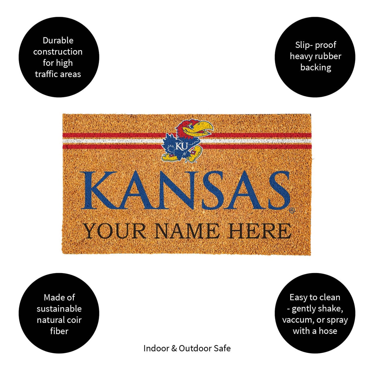 Team Sports America NCAA University of Kansas College Personalized Coir Door Mat, 18 x 30 Inches Custom Name Doormat, Front Door Welcome Mats